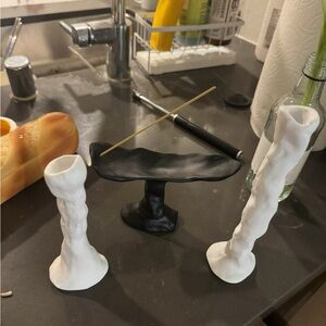 Black and White Ceramic Candle Holders and Incense Holder